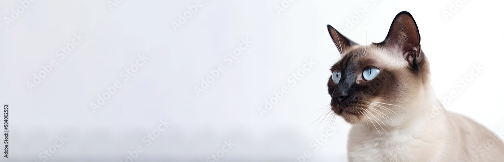 Burmese Siamese Cat On White Background. Banner, panorama or website header format.. Generative AI