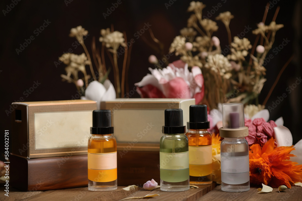 a wooden table topped with bottles of perfumes and flowers. generative ai a wooden table topped with bottles of perfumes and flowers. generative ai
