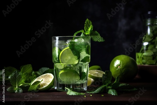  a glass filled with a green drink next to limes and mints. generative ai