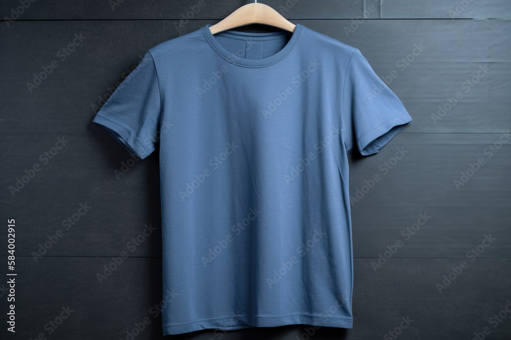 a blue t - shirt hanging on a wooden hanger. generative ai a blue t - shirt hanging on a wooden hanger. generative ai