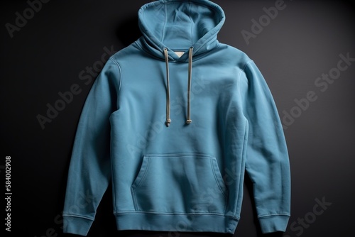  a blue hoodie is hanging on a black wall with a black background.  generative ai
