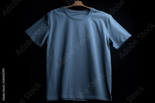  a blue t - shirt hanging on a wooden hanger.  generative ai