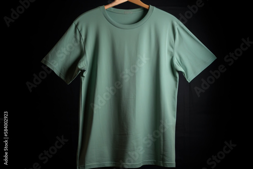  a green t - shirt hanging on a black background with a wooden hanger. generative ai