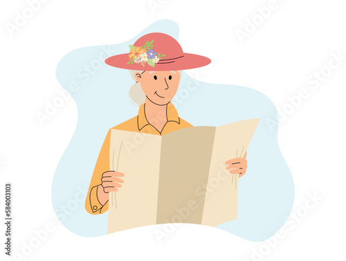 Elderly woman in a hat holding a newspaper or a map. Vector isolated flat illustration.