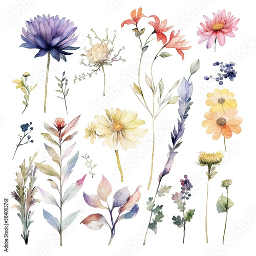 Set of meadow flowers watercolor illustration. Generative AI