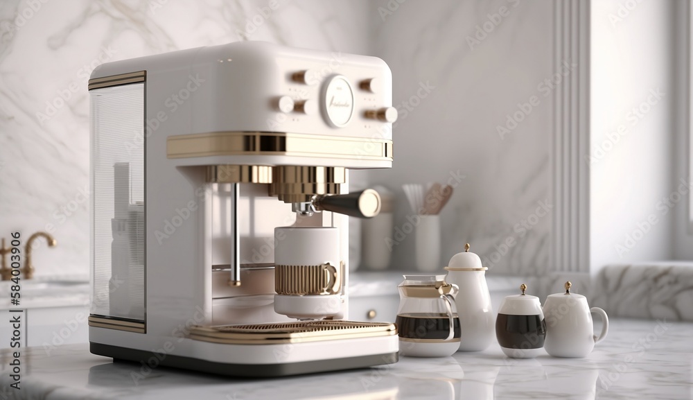 Side view of modern luxury coffee maker. Hyper realistic 3d illustration Side view of modern luxury coffee maker. Hyper realistic 3d illustration
