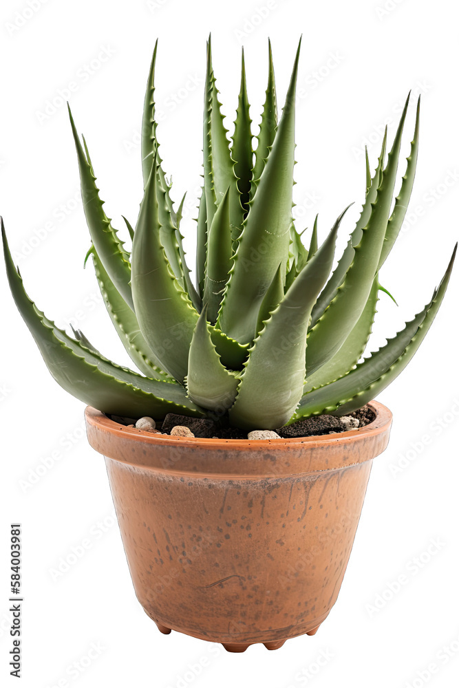 Fototapeta premium Aloe vera plant in a pot isolated on white transparent background png. Generative AI