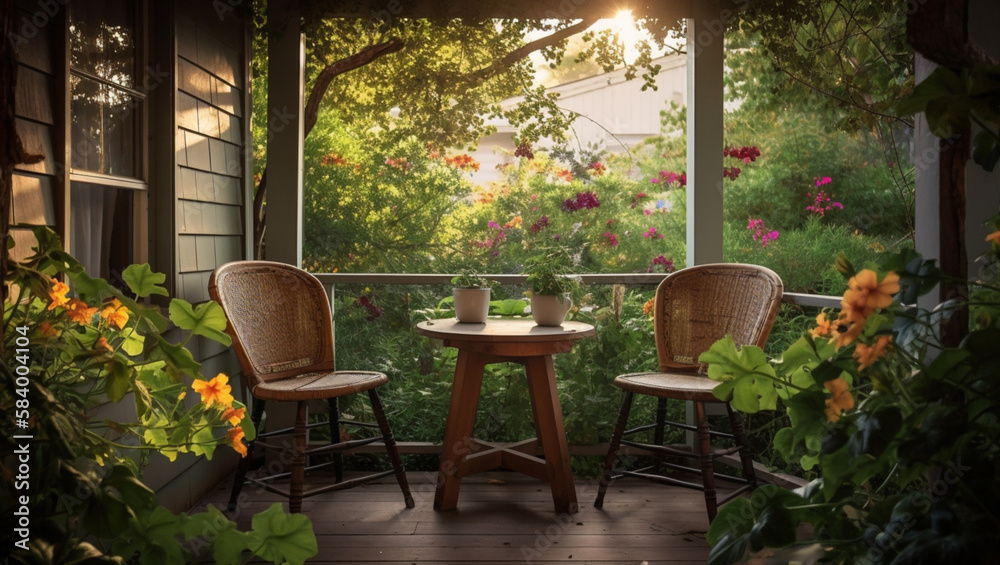 cozy porch with two wooden chairs and a round wooden table in the center, Generative AI