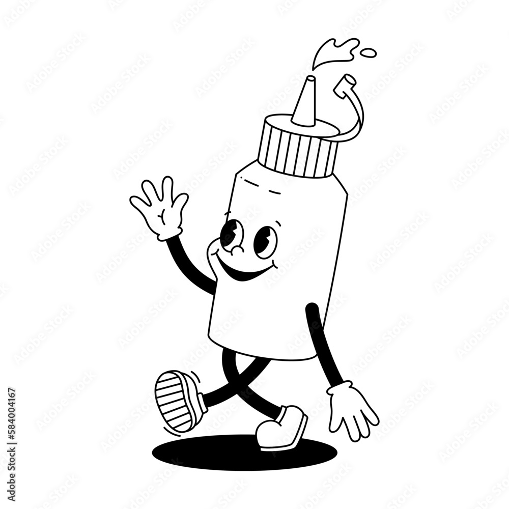 Vector cartoon retro mascot monochrome illustration of walking sauce ketchup or mustard. Vintage style 30s, 40s, 50s old animation. The clipart is isolated on a white background.