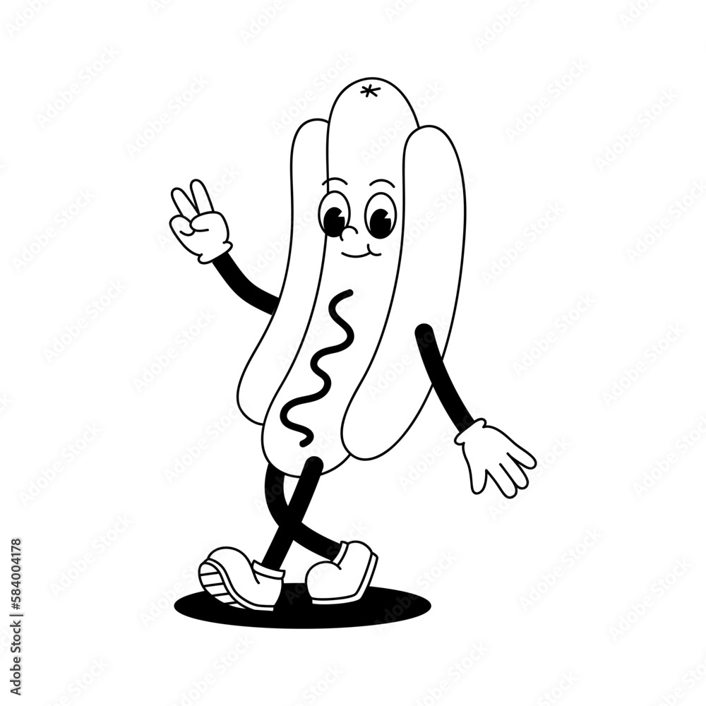 Vector cartoon retro mascot monochrome illustration of a walking hot dog. Vintage style 30s, 40s