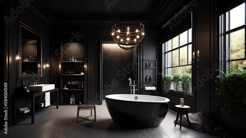 Award-winning bathroom bathtub interior design. Luxury black marble dark style. Black bathtub in the middle of the bathroom. Generative AI