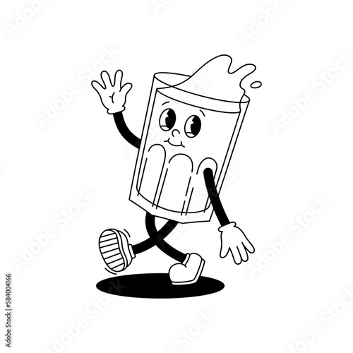 Vector cartoon retro mascot monochrome illustration of walking glass. Vintage style 30s, 40s, 50s old animation. The clipart is isolated on a white background.