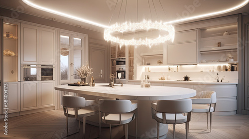 Luxury kitchen interior design with a large chandelier and illumination. White cabinets and drawers. Premium design. Marble island. Generative AI