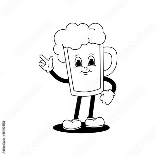 Vector cartoon retro mascot monochrome illustration of walking glass with beer. Vintage style 30s, 40s, 50s old animation. The clipart is isolated on a white background.