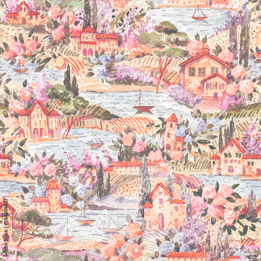 Obraz premium Watercolor Italian summer landscape seamless pattern