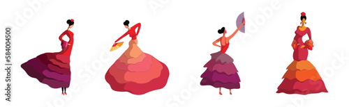 Young Woman Performing Different Folk Dances Moving Gracefully Vector Set