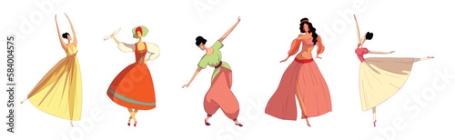 Young Woman Performing Different Folk Dances Moving Gracefully Vector Set