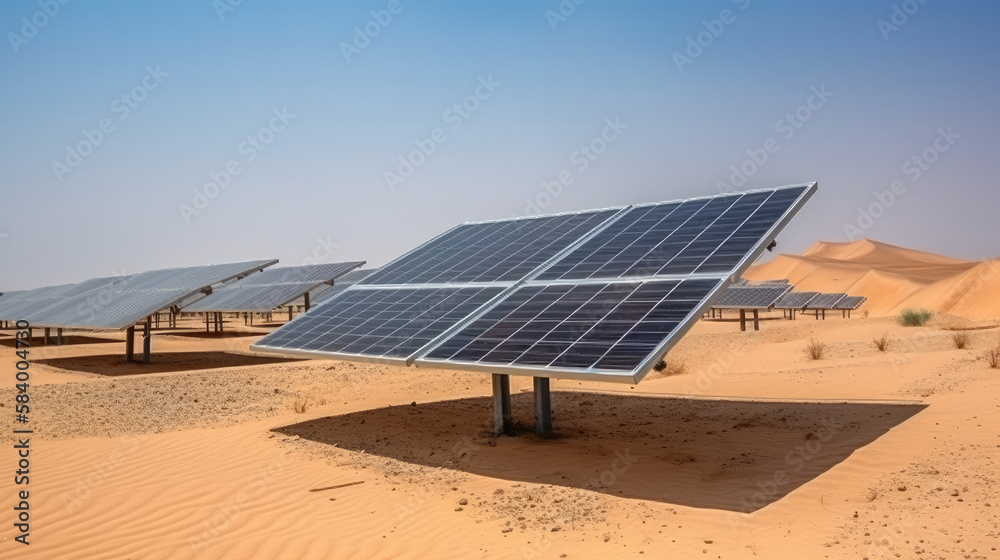Solar panel power plant in the middle of a desert in the sunset. Generative AI Solar panel power plant in the middle of a desert in the sunset. Generative AI