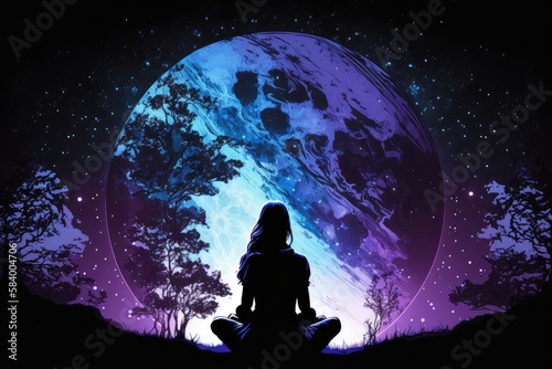 Silhouette Of A Meditating Woman Against A Planet Backg. Generative AI