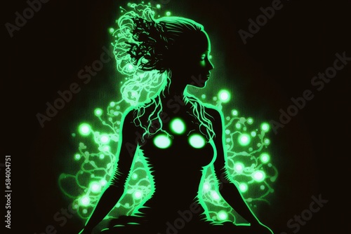 Silhouette Of A Meditating Woman With Green Lights. Generative AI