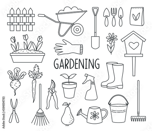 Gardening set in doodle style on a separate white background