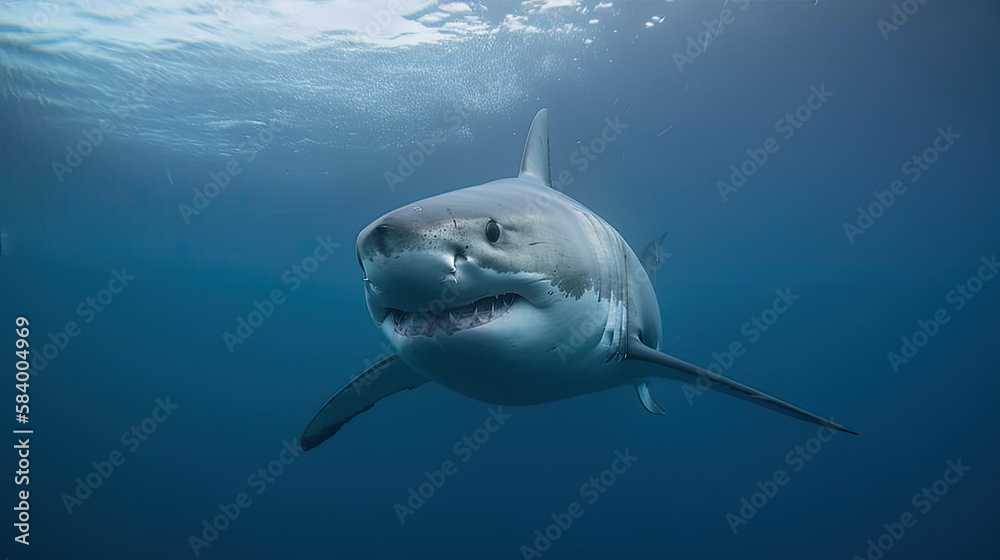 Obraz premium Great white shark underwater in the deep ocean. Generative AI