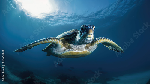 Sea turtle underwater in the deep ocean. Generative AI