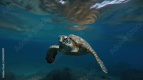 Sea turtle underwater in the deep ocean. Generative AI © Generative Professor
