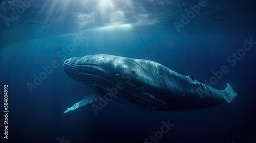 Big blue whale underwater in the deep ocean. Generative AI