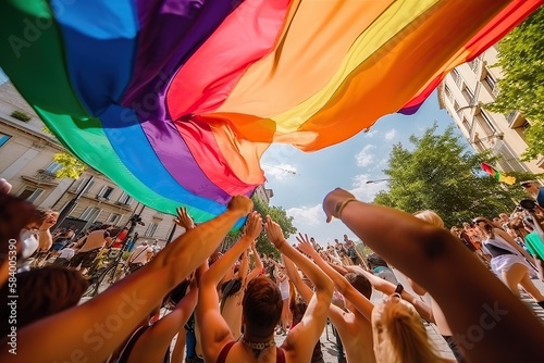 Many people next to a rainbow flag celebrate a gay pride demonstration on the street in daylight. Homosexual, pride, protest, crowd, celebration and diversity concept. Image generated with AI
