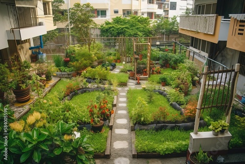 Urban garden between building - Generative AI