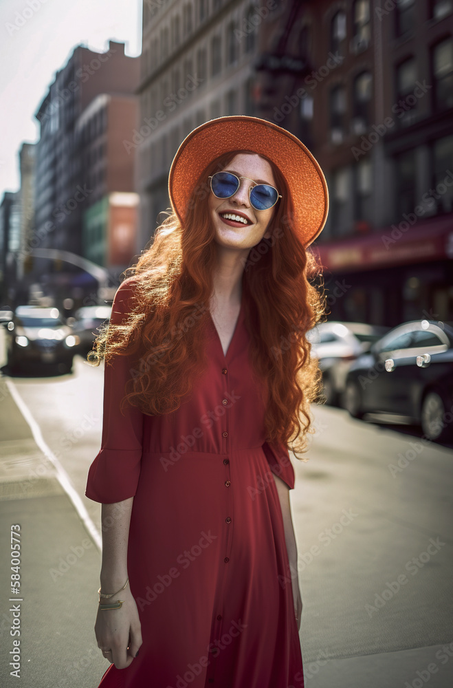 Obraz premium Beautiful red-haired girl in her 20s in a hat and sunglasses in a fashionable dress on the streets of new york in sunlight