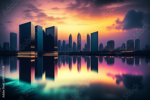 Panorama of a modern city at sunset with reflection in the water created with Generative AI technology