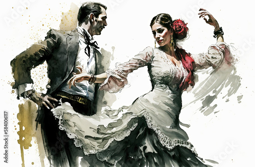 Generative AI illustration of Young couple dancing flamenco