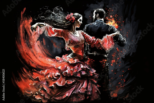 Generative AI illustration of Young couple dancing flamenco