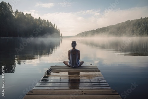 Woman Sitting Back In Lotus Pose On A Dock, With A Calm Lake Or River In The Background . Generative AI