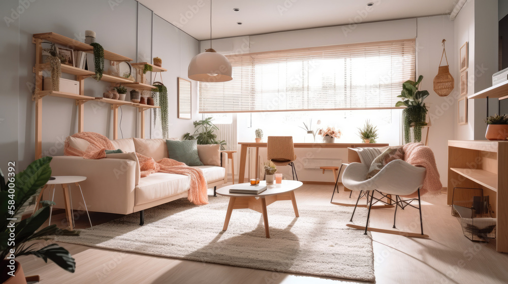 Modern living room interior design with sofa, chairs and table. Pink pastel colors. Generative AI Modern living room interior design with sofa, chairs and table. Pink pastel colors. Generative AI