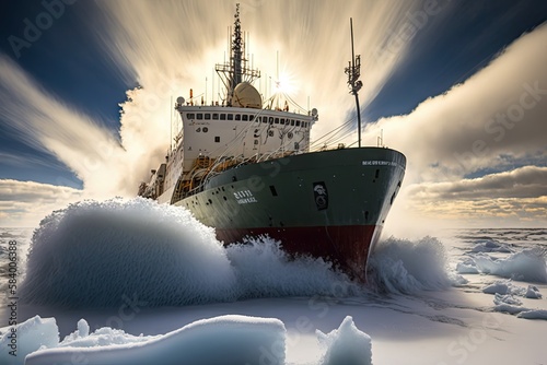 icebreaker ship launches and breaks path through thick ice pack, created with generative ai