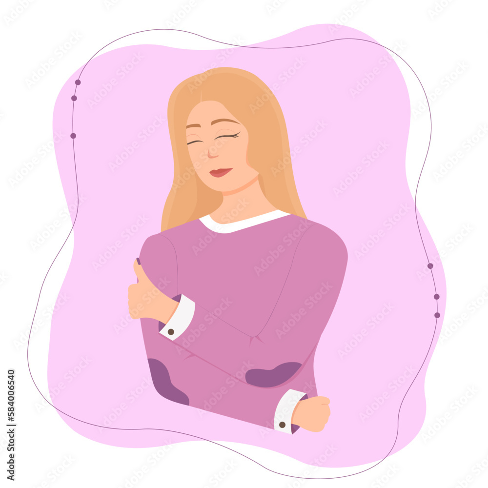 Self-love concept. Love your body concept. Cute vector illustration. Woman hugging herself on a colored background. Pastel cute soft colors Self-love concept. Love your body concept. Cute vector illustration. Woman hugging herself on a colored background. Pastel cute soft colors