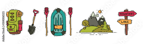 Camping and Expedition Equipment with Backpack, Shovel, Boat, Mountains and Direction Post Vector Set