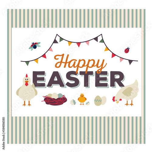 Greeting card for wish a Happy Easter to family and friends, with vector illustrations isolated. Eggs and chicken