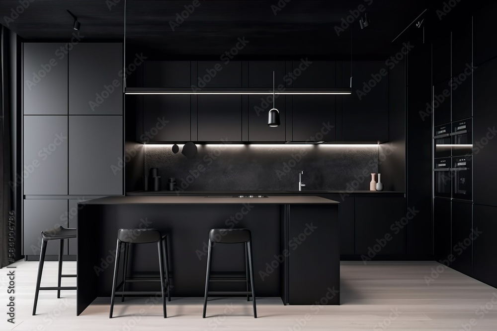 Modern, Black Kitchen, Aesthetic, luxury, dark theme Stock Illustration