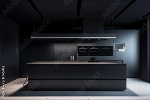 A luxurious modern black kitchen with a sleek aesthetic and dark theme, epitomizing sophistication and opulence.