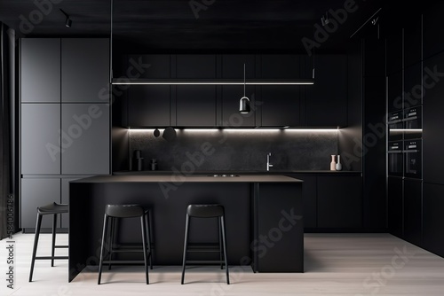 A luxurious modern black kitchen with a sleek aesthetic and dark theme, epitomizing sophistication and opulence.