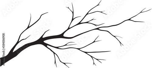 Black and white, vector illustration of an empty, dry, isolated, old tree branch. Drawn by hand. Black silhouette of a branch without leaves. For design and decoration.