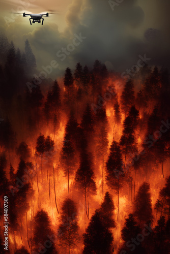 Vertical view of a drone flying over the forest fire created with Generative AI technology