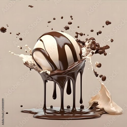 Milk ice cream scoop covered with sweet chockolate created with Generative AI technology.