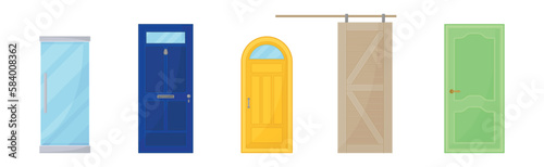 Door as Hinged Movable Barrier Used as Entrance in the Building Vector Set