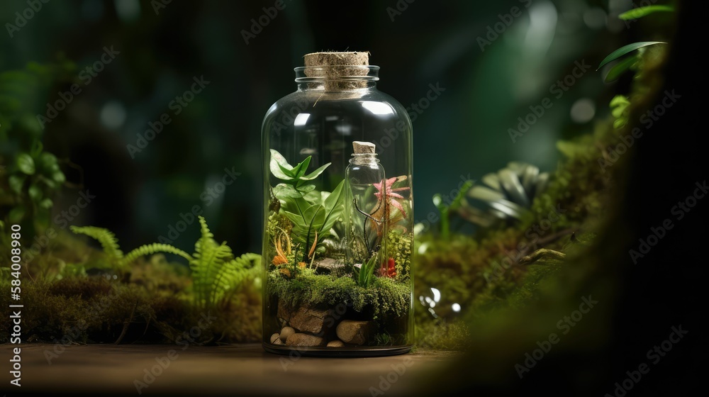 photograph of a tiny, miniature jungle encased within a clear bottle of water, almost like a terrarium. The scene is captured with a, generative AI photograph of a tiny, miniature jungle encased within a clear bottle of water, almost like a terrarium. The scene is captured with a, generative AI