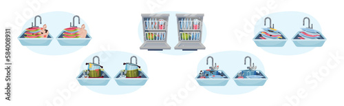 Pile of Clean and Dirty Dishes and Utensils Vector Set